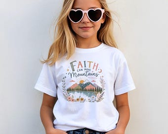 Girls Faith Can Move Mountains Tee | Mountains floral design | Youth Christian Tee | Kids Faith Shirt