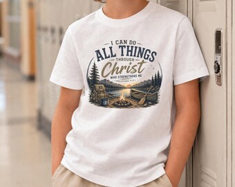 All Things Through Christ Youth Tee | Scenic Mountain River Christian Graphic | Youth Christian Shirt | Kids Faith Tshirt