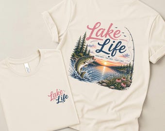 Camiseta de pesca con temática de vida en el lago / Camiseta con estampado de peces al atardecer / Camiseta de pesca para mujer / Camiseta con temática de vida en el lago / Ambiente lacustre / Camiseta de pesca / Camiseta para mujer