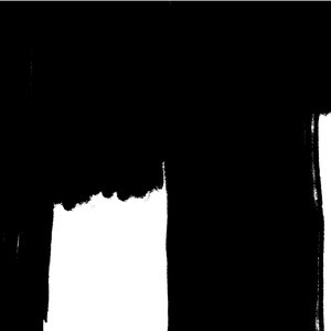 May include: Black and white abstract painting with bold brushstrokes. The painting is made up of two large shapes, one on the left and one on the right, with a white space in between.