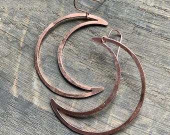 Hammered Raw Copper Moon Hoop Earrings - Celestial Jewelry