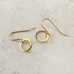 Tiny Planished Brass Hoop Earrings Gold Simple Modern image 1