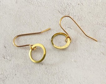 Tiny Planished Brass Hoop Earrings - Gold - Simple - Modern