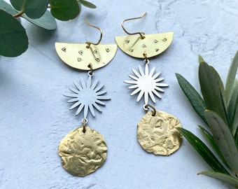 COSMOS Statement Brass and Silver Celestial Dangle Earrings