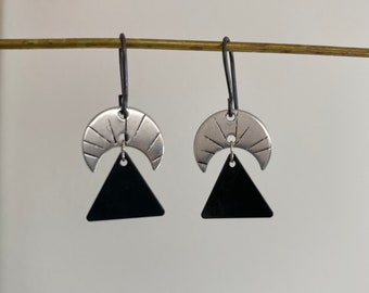 MOON RISE Silver Tone and Black Triangle Earrings