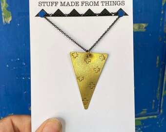 SALE Brass Triangle Positivity Necklace on Black Chain