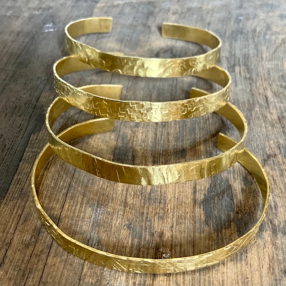 Gold Brass Hammered Crosshatch Adjustable Slim Cuff Delicate
