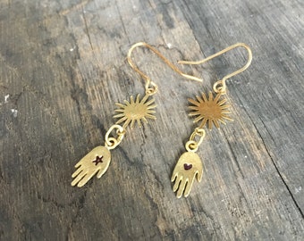 BESTOWAL Gold Brass Drop Hand Earrings with Sun, Star and Heart - Hands - Boho - Bohemian - Folk Art - Healing - Love - Reiki