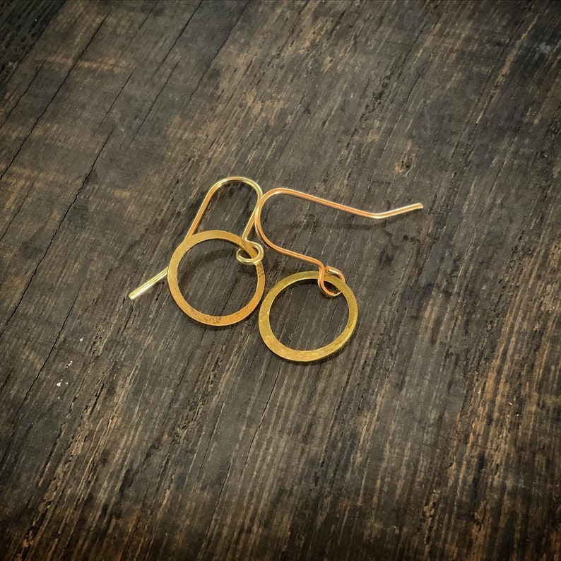 Tiny Planished Brass Hoop Earrings Gold Simple Modern image 2