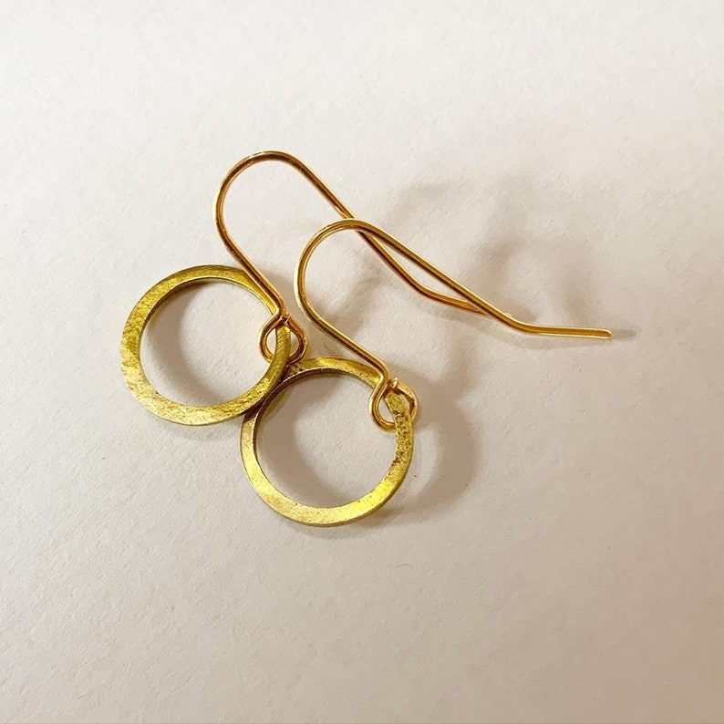 Tiny Planished Brass Hoop Earrings Gold Simple Modern image 4