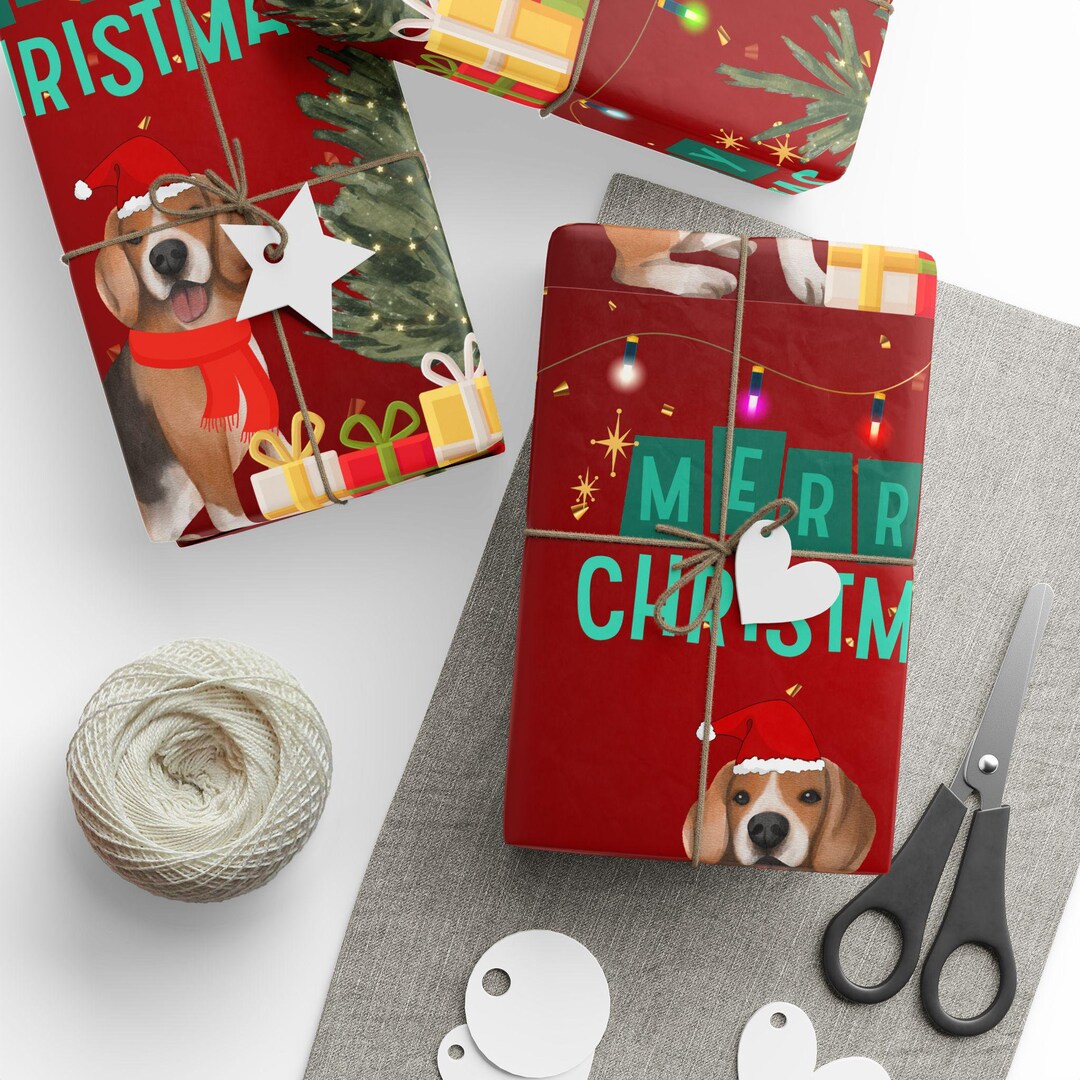 Merry Christmas Beagle Dog Santa Gift Wrap Paper - 3 Sizes - Matte or ...