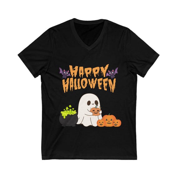 Happy Halloween Unisex V-Neck Cute Ghost T- Shirt, Trick or Treat Shirt - 2 Colors - 100% Cotton
