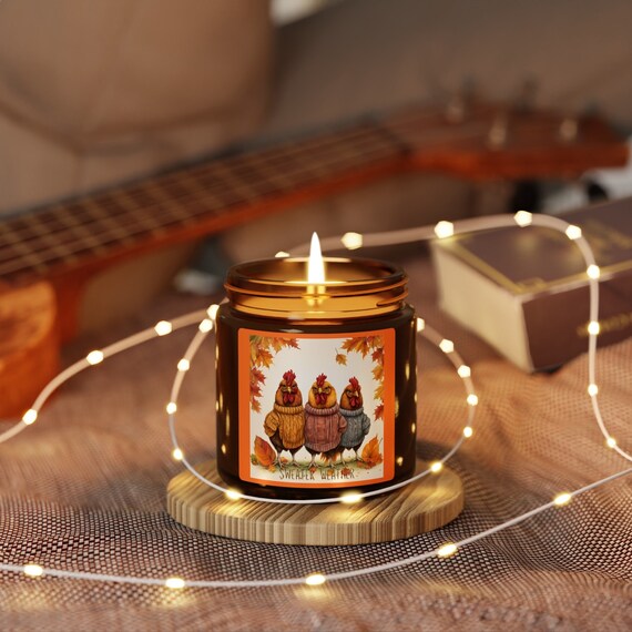 Sweater Weather Fall/Autumn Chickens Soy Candle (2 Sizes, Amber Jar) - Multiple Scents or Unscented - Great Gift Idea!