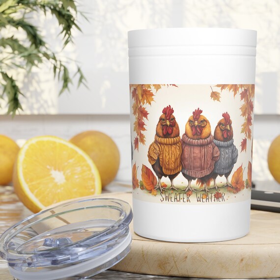 Sweater Weather Fall Autumn Leaves Vacuum Insulated Tumbler/Can Cooler, 11oz - Cute Gift for Chicken Keepers or Autumn Lovers