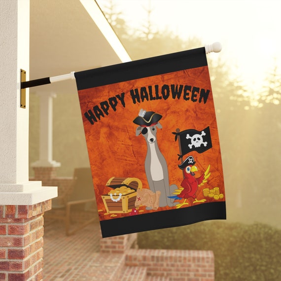 Greyhound Pirate Dog Costume Happy Halloween Garden & House Flag - 2 Sizes - Free Shipping