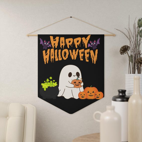 Happy Halloween Pennant Flag Spooky Ghost & Cauldron - Dowel and Twine Included