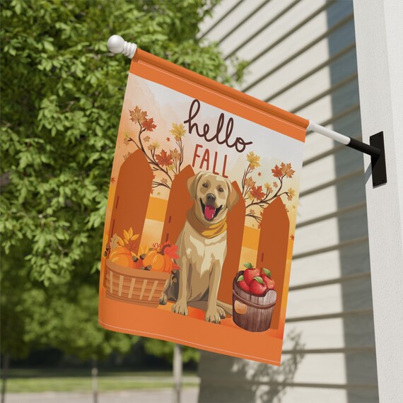 Hello Fall Yellow Labrador Dog Autumn Garden & House Flag/Sign - 2 Sizes - Free Shipping