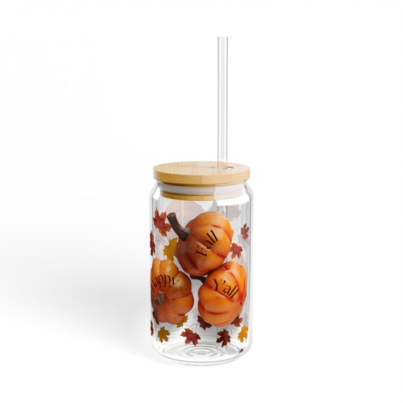 Happy Fall Y'All Autumn Leaves Pumpkin Glass Bottle with Straw, 16oz