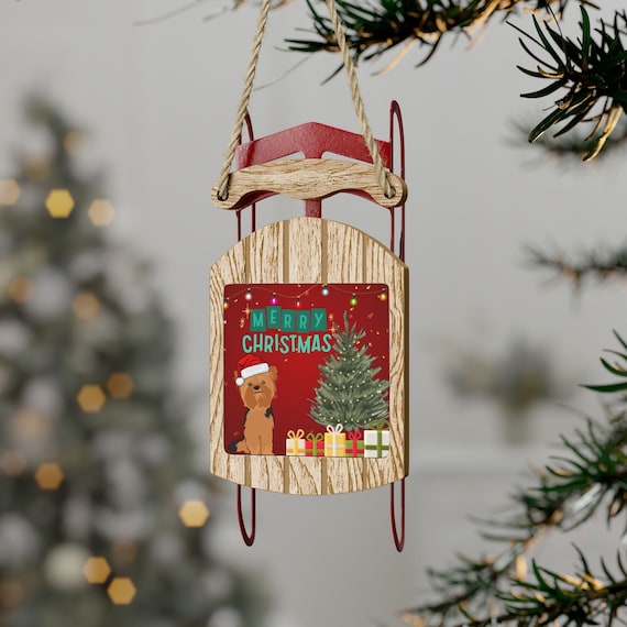 Yorkie Dog Santa Merry Christmas Sled Ornament - Multiple Quantities
