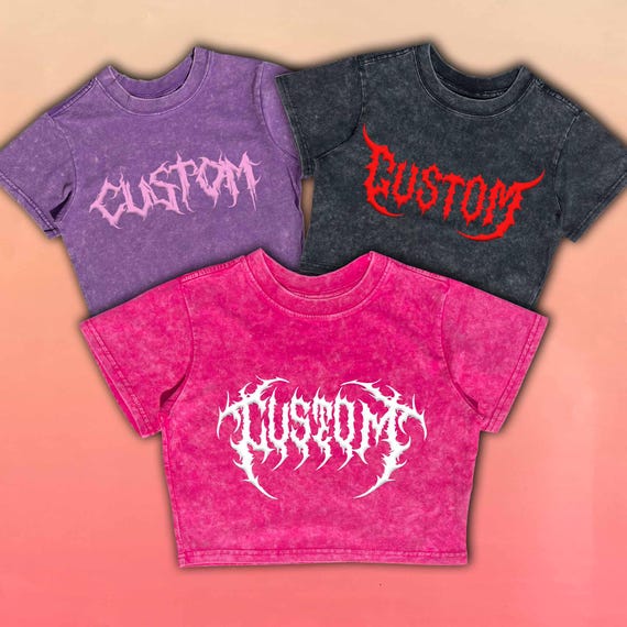 Personalised Heavy Metal Washed Crop Top: Acid-Wash Crop Top With Gothic Personalised Puff Printed Text