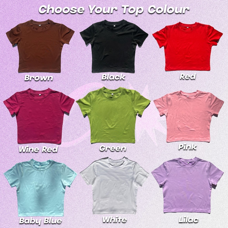Puede incluir: Nueve crop tops de diferentes colores, incluyendo marr&oacute;n, negro, rojo, rojo vino, verde, rosa, azul beb&eacute;, blanco y lila. Elige tu color de top.
