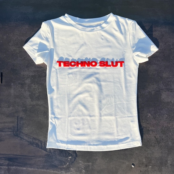 Techno Sl*t  - 340 Women's Baby Tee - Y2K Fitted Baby Tee & Crop Top, 3D Puff Printed, Techno Fans Tees, Gay Techno, Techno Music Tees
