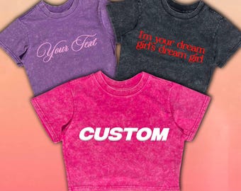 Personalised Acid-Wash Crop Top: Crop Top With Personalised Puff Printed Text
