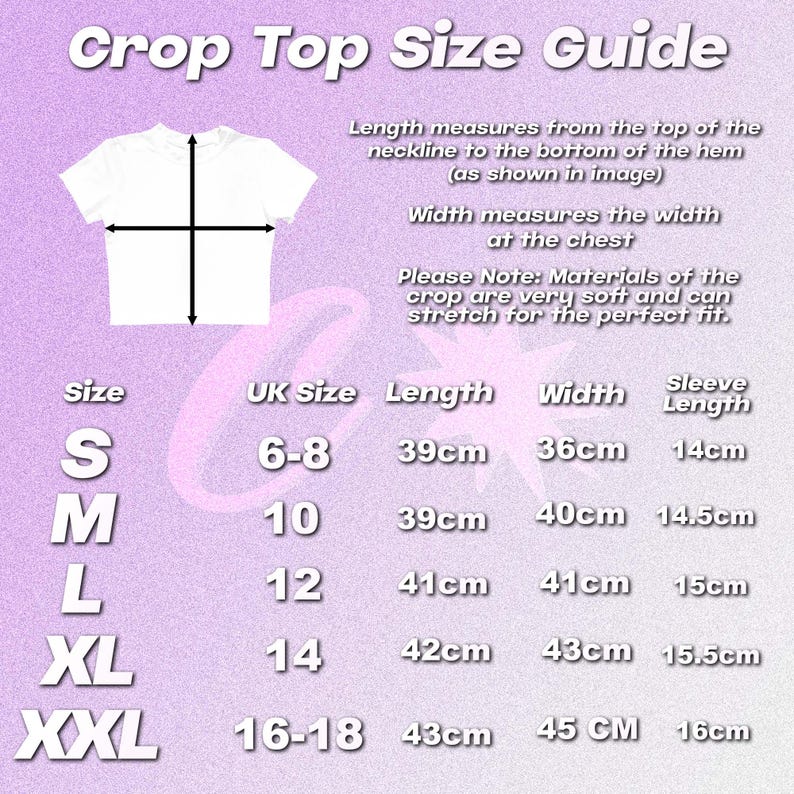 Może przedstawiać: Tabela rozmiar&oacute;w dla crop topu z wymiarami w centymetrach dla rozmiar&oacute;w S, M, L, XL i XXL. Tabela zawiera rozmiar brytyjski, długość, szerokość i długość rękawa.