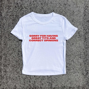 May include: White t-shirt with the red text "SORRY FOR HAVING GREAT TITS AND CORRECT OPINIONS". The short-sleeved shirt is made of a soft material. The shirt is displayed on a grey surface.