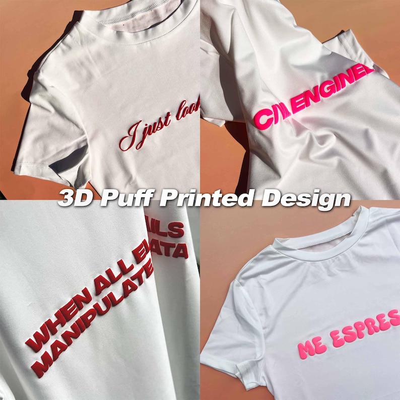 May include: Four white t-shirts with different 3D puff printed designs. The designs include "I just look", "C/ENGINE", "WHEN ALL ELSE FAILS MANIPULATE DATA", and "ME ESPRES".