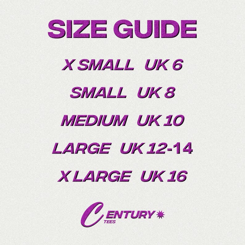 May include: Size guide for clothing with sizes X Small, Small, Medium, Large, and X Large. Each size is listed with the corresponding UK size. The guide is in purple text on a white background.