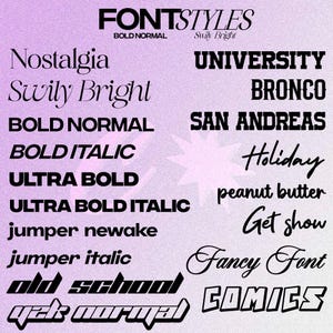Puede incluir: Una imagen gr&aacute;fica que muestra varios estilos de fuente, incluyendo "Nostalgia", "Swily Bright", "Bold Normal", "Bold Italic", "Ultra Bold", "Ultra Bold Italic", "Jumper Newake", "Jumper Italic", "Old School", "Yek Normal", "University", "Bronco", "San Andreas", "Holiday", "Peanut Butter", "Get Show", "Fancy Font", y "Comics".