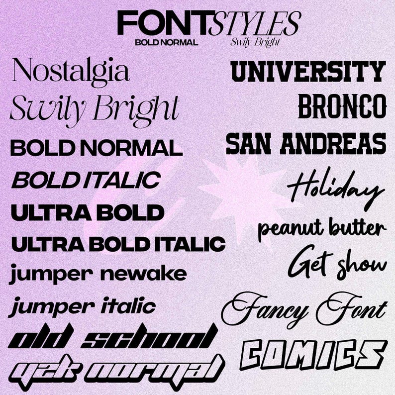 Puede incluir: Una imagen gr&aacute;fica que muestra varios estilos de fuente, incluyendo "Nostalgia", "Swily Bright", "Bold Normal", "Bold Italic", "Ultra Bold", "Ultra Bold Italic", "Jumper Newake", "Jumper Italic", "Old School", "Yek Normal", "University", "Bronco", "San Andreas", "Holiday", "Peanut Butter", "Get Show", "Fancy Font", y "Comics".