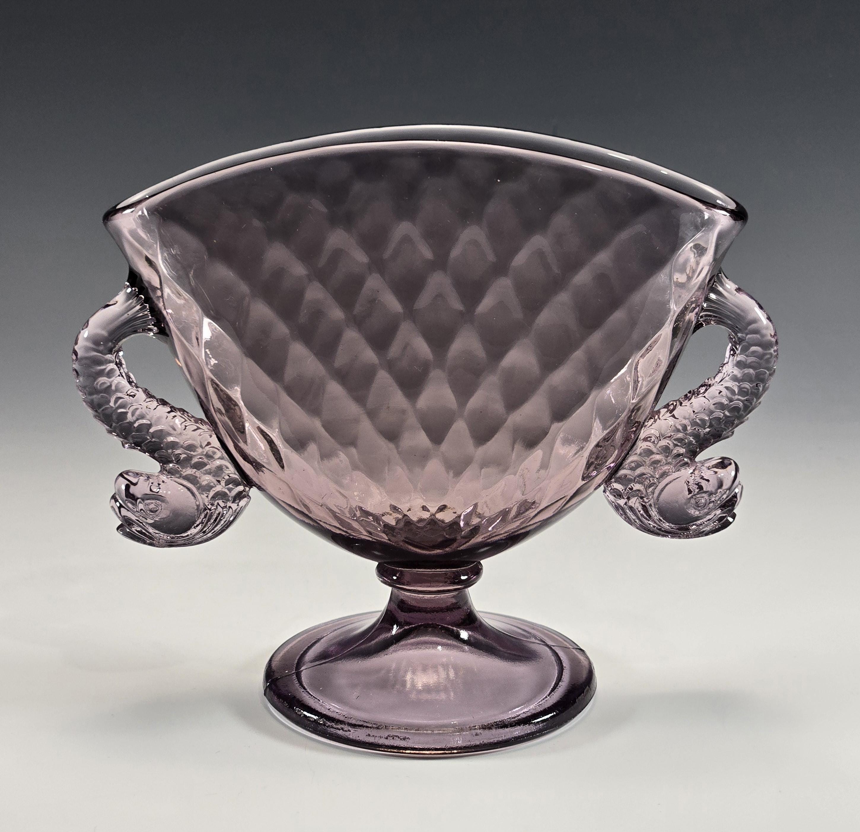 Vintage 1927 Fenton Fan Vase Orchid Diamond Optic Dolphin Handled