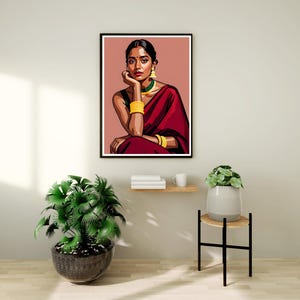 South Indian Woman Painting - Traditional Art Print - Saree Digital Download - Cultural Home Decor - Indian Beauty Portrait - Desi Art Gift