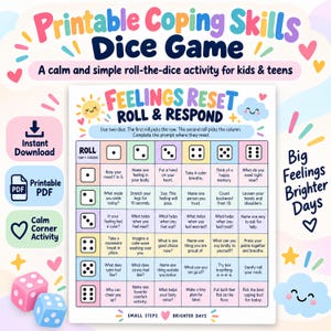 Peut inclure: Un jeu de dés imprimable sur les compétences d'adaptation intitulé Feelings Reset Roll & Respond. La grille présente des lignes et des colonnes numérotées de un à six avec des invites pour la régulation émotionnelle. Inclut des icônes PDF.