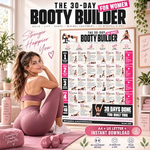 Peut inclure: Un tableau d'entraînement mural de 30 jours intitulé The 30-Day Booty Builder for Women, présentant un programme d'exercices structuré, des routines quotidiennes et des illustrations pédagogiques. Le tableau comprend quatre semaines d'entraînement, des objectifs quotidiens et un défi final de 48 heures, conçu pour une utilisation à domicile avec un équipement minimal.