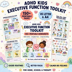 Op de afbeelding: Een digitale ADHD Kids Executive Function Toolkit met 150+ printbare pagina's in US Letter en A4-formaat. De omslag toont twee kinderen en een hersenfiguurtje met tekst over routines, focus, organisatie en emotionele regulatie voor kinderen.