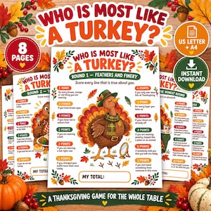 May include: A printable Thanksgiving game titled Who Is Most Like A Turkey? featuring a central illustration of a turkey wearing a green hat and plaid scarf, surrounded by scoring points, autumn leaves, and acorns on a white background.