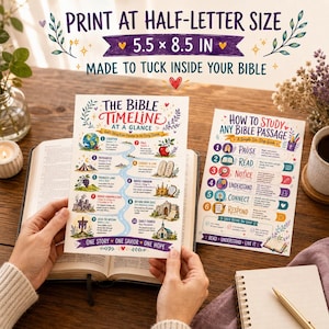 May include: Two printed cards featuring The Bible Timeline at a Glance and How to Study Any Bible Passage. The text reads Print at half-letter size 5.5 x 8.5 in, Made to tuck inside your Bible, One Story, One Savior, One Hope, and Read-Understand-Live It.