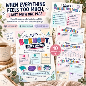 Może przedstawiać: Cyfrowy pakiet resetujący wypalenie ADHD zawierający 10 arkuszy do druku. Okładka zawiera tekst 'The ADHD Burnout Reset Bundle' oraz kolorowe ilustracje książki, koca, świecy i rośliny, a także zdanie 'You do not have to earn rest.'