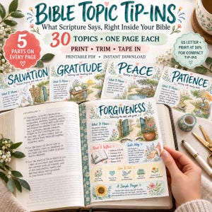 Peut inclure: Un ensemble de fiches imprimables sur des thèmes bibliques comprenant 30 pages avec des sujets comme le Salut, la Gratitude, la Paix, la Patience et le Pardon. Chaque page inclut des versets, des réflexions et des prières avec des illustrations florales.