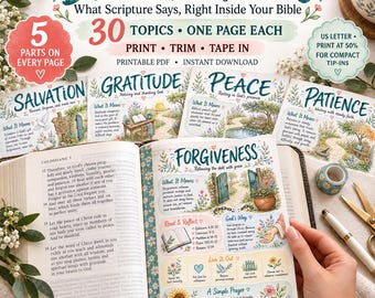 May include: A set of printable Bible topic tip-ins featuring 30 pages with themes like Salvation, Gratitude, Peace, Patience, and Forgiveness. Each page includes scripture references, reflections, and prayers with floral illustrations for Bible journaling.