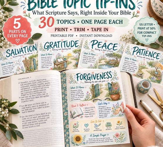 Bible Topic Tip Ins — 30 Printable Loaded Bible Inserts & Scripture Reference Sheets