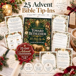 May include: A collection of 25 Advent Bible tip-ins featuring a central dark green book cover titled Toward Bethlehem, surrounded by printed cards with Christmas-themed floral borders, scripture verses, and a red wax-style seal graphic.