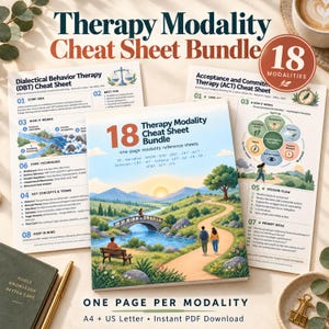 May include: A Therapy Modality Cheat Sheet Bundle featuring 18 reference sheets. The cover displays a landscape illustration with a path, bridge, and people. Text includes Therapy Modality Cheat Sheet Bundle, 18 Modalities, and One Page Per Modality.
