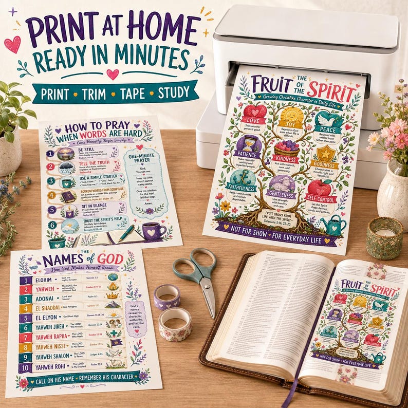 May include: A white printer outputting a Fruit of the Spirit chart, alongside printed sheets titled How to Pray When Words Are Hard and The Names of God, a pair of scissors, two rolls of patterned tape, and an open Bible with a matching chart.