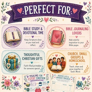 May include: A colorful informational graphic titled PERFECT FOR featuring four sections with illustrations of an open Bible, a journal, a gift box, and a group of people reading. Includes text about Bible study, journaling, gifts, and church groups.