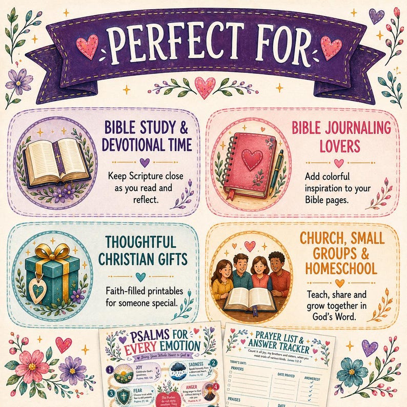 May include: A colorful informational graphic titled PERFECT FOR featuring four sections with illustrations of an open Bible, a journal, a gift box, and a group of people reading. Includes text about Bible study, journaling, gifts, and church groups.