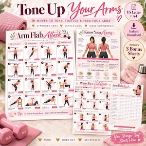 May include: A digital fitness guide titled Tone Up Your Arms featuring 16 arm exercises, anatomical diagrams, warm-up and cool-down routines, and a weekly weight tracker. The printable sheets include illustrations of movements, text instructions, and icons.